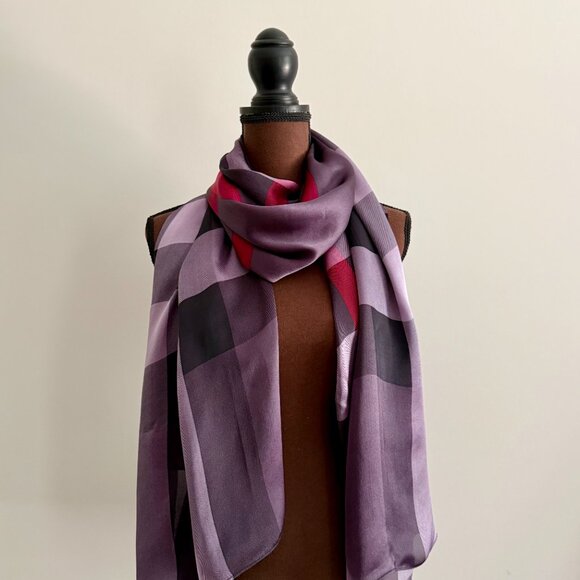 Display #2 Burberry Check Print Purple Silk Scarf - Picture 14 of 16